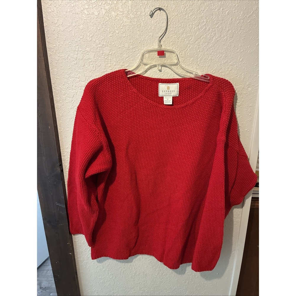 Vintage Express Tricot 90s Hand Knitted Chunky Cable Knit Red Sweater Medium